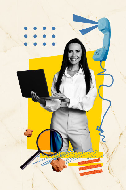 复合趋势艺术作品草图，照片拼贴，留白的年轻女性办公室经理，使用笔记本电脑和座机电话进行Zoom会议，寻找研究资料。图片下载