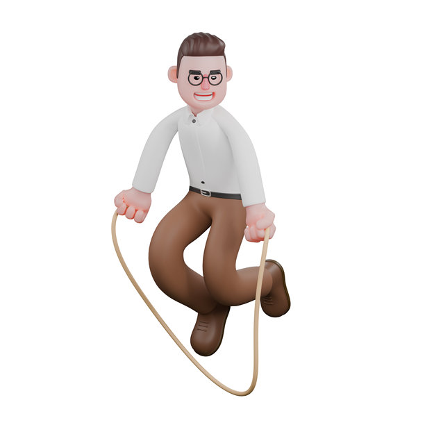 动画专业社会学家。一位男性社会学家正在跳绳。卡通风格。图片下载