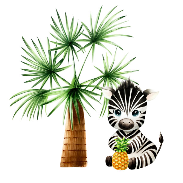 可爱的婴儿斑马与菠萝。绿色棕榈树。水彩手绘的野生动物插图，坐姿，背景独立。适用于设计师、明信片、问候卡、生日、日历、壁纸、包装纸和剪贴簿。图片下载