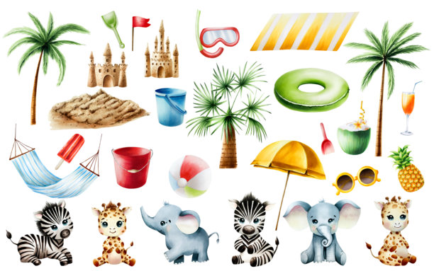 可爱的非洲动物宝宝。长颈鹿、斑马和大象。沙堡、吊床、伞、棕榈树，海滩度假。水彩手绘的野生动物园插图，背景独立。适合设计师、明信片、贺卡使用。图片下载