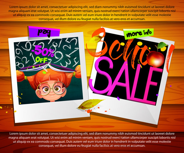 卡通风格的学校秋季折扣。带有折扣信息的学女学生的宝丽来照片，背景为彩色木板。创意学校促销模板，留有空白空间。特写镜头。图片下载