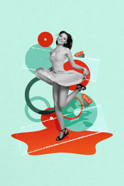 复合趋势艺术作品 3D 草图图像 照片拼贴 销售横幅 商业 限时低价折扣 年轻女士跳舞 购买服装商店图片下载