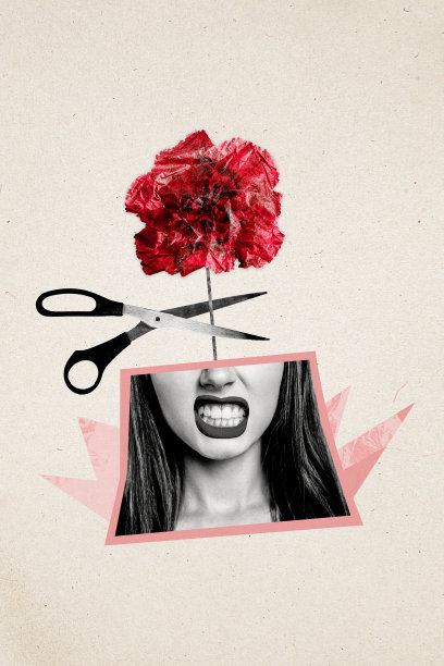 不满女孩的竖版照片拼贴，剪掉头部，做鬼脸，牡丹花盛开，剪刀损坏，生态背景上孤立。图片下载