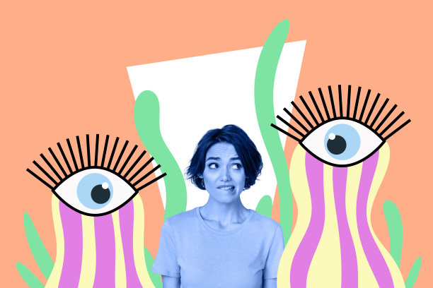 创意图片拼贴，年轻女孩因眼睛视力、间谍行为和隐私保密侵犯而感到担忧和压力。图片下载