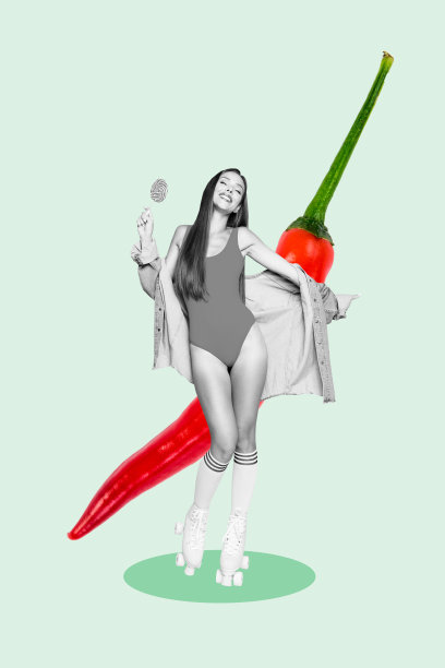 快乐女孩穿着泳衣跳舞的垂直照片拼贴，吃着棒棒糖和辣椒，调皮的女士在涂鸦背景下独自一人。图片下载