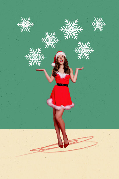 惊讶女孩穿着圣诞老人帽子，雪花装饰，冬季化妆舞会的竖版照片拼贴，背景为涂鸦风格。图片下载