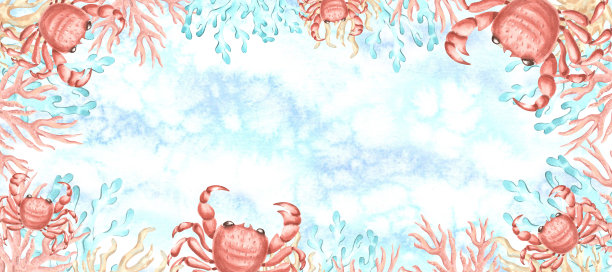 海洋背景上的螃蟹和珊瑚。手绘水彩插图。带有空白空间的明信片模板。水下珊瑚礁动物。地中海，热带海洋。用于框架、邀请函、网站的剪贴画。图片下载