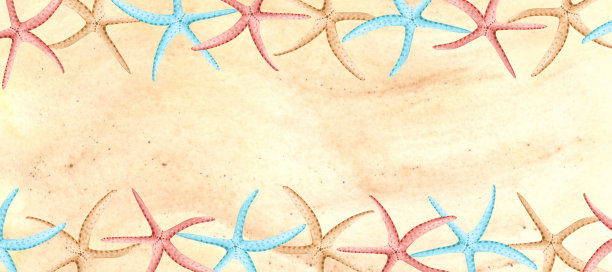 五彩斑斓的海星在沙滩背景上。手绘水彩插图。带有空白空间的海洋明信片模板。海洋珊瑚动物。地中海、热带主题。用于框架、邀请函的剪贴画。图片下载