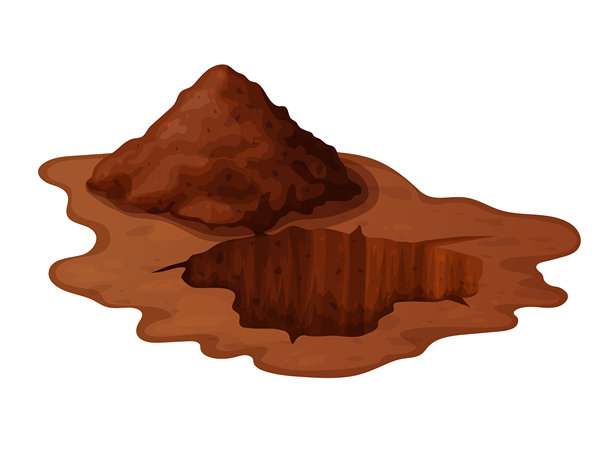 地面上的深洞，里面有草和石头。棕色土壤，大裂缝和废墟。挖掘沙煤废石。卡通风格的详细插图。白色背景上的矢量插图。图片下载