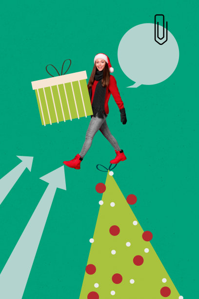 快乐女孩戴着圣诞老人帽子，走在礼物盒旁，进行新年购物，背景为涂鸦风格的画面，竖版照片拼贴。图片下载
