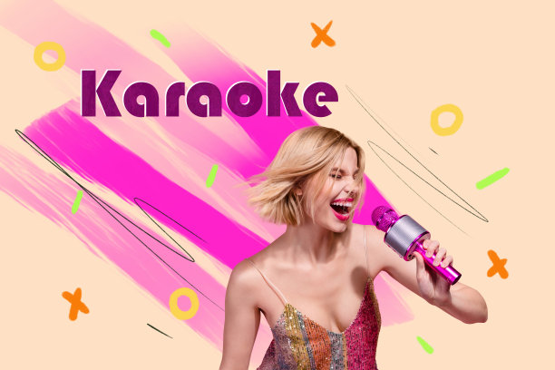 快乐的金发女孩在涂鸦背景下手持麦克风，参加卡拉OK活动派对表演音乐会的合成照片拼贴。图片下载