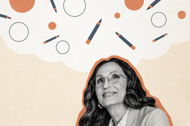 快乐老人的复合照片拼贴，思考战略计划，手持铅笔和商业策略工具，背景为涂鸦风格。图片下载