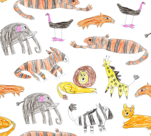 无缝图案，手绘的彩色铅笔素描可爱的非洲动物，背景为白色图片下载