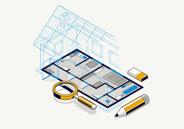 房屋平面图手绘，度假住宅建筑蓝图，3D等轴测矢量插图，室内设计项目顶视图带屋顶，夏季别墅。图片下载
