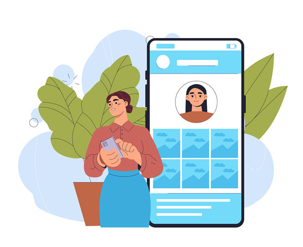 社交媒体资料的女性。年轻女孩查看社交网络上的账户。带有照片的帖子。拥有有趣内容的博主。扁平化矢量插图。图片下载