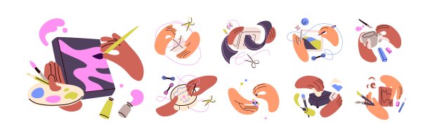 不同的针线活套件。人们在手工制作陶器、缝纫、串珠、DIY首饰和手工刺绣。双手在工艺课上进行针线活和手工艺。白色背景上的平面孤立矢量插图。图片下载