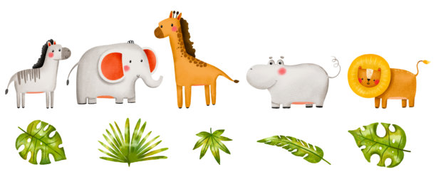 草原场景与丛林动物。卡通哺乳动物，长颈鹿，大象，斑马，河马和狮子。野生动物和棕榈叶。手绘儿童插图图片下载