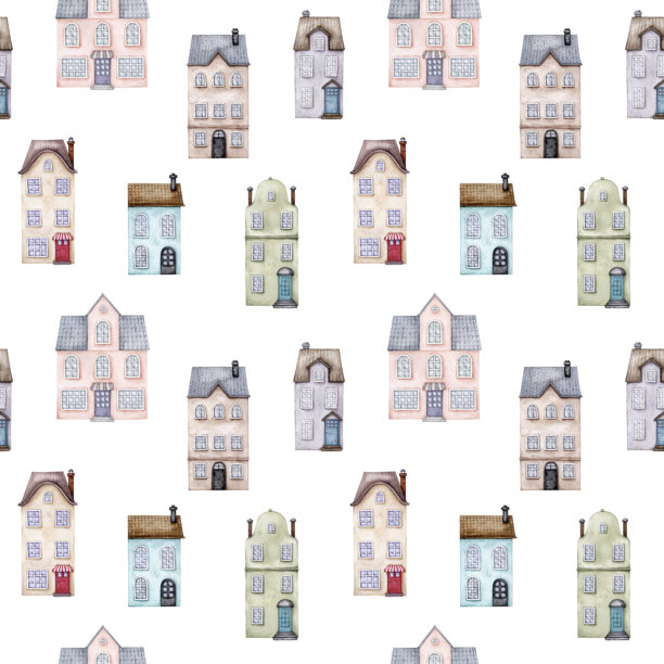 白色背景上的欧洲房屋无缝图案。城市复古建筑与瓦屋顶。手绘插图。老城区。水彩画。适用于壁纸、明信片、包装和文具的设计。图片下载