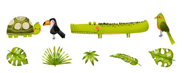 草原场景与丛林动物。卡通海龟、巨嘴鸟、鳄鱼和鹦鹉。野生动物和棕榈叶。手绘儿童插图图片下载