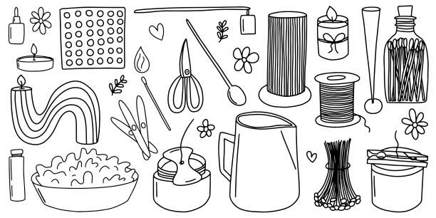 蜡烛制作涂鸦套件。模具、蜡烛熄灭器、罐装蜡烛、大碗大豆蜡、多芯蜡烛、香精油、剪刀和火柴矢量套件图片下载