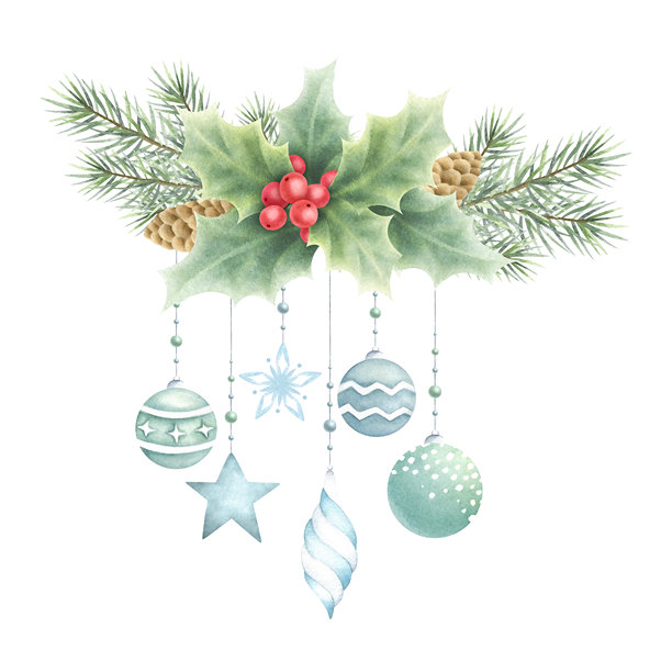 绿色和蓝色的圣诞玻璃树球，搭配各种白色，悬挂在带有松果和冬青的云杉树枝上。手绘水彩孤立插图，适用于新年贺卡设计。图片下载