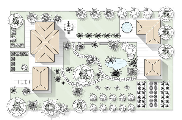 带有房屋、庭院、草坪和车库的景观设计平面图。高度详细的乡村现代小屋、花园、池塘、游泳池的平面图。城市景观的矢量插图，城镇、村庄的地图。图片下载