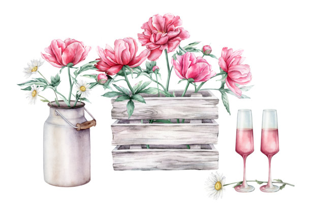 水彩画的精致粉色牡丹和满天星花束，盛开在金属牛奶罐中。手绘插图，展示了美丽的花卉，放在木箱里和红玫瑰酒杯旁。图片下载