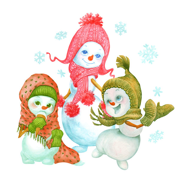 可爱的雪人组合。水彩画中的温柔小女孩和搞笑跳舞的小男孩。手绘卡通角色适用于圣诞贺卡、邀请函、海报、贴纸和儿童设计。图片下载