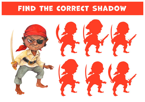 海盗男孩。水彩画风格的深肤色、赤脚的少年卡通角色，穿着海盗服装，手持军刀。寻找影子。适合儿童的教育配对游戏，适合海盗派对或海盗日活动。图片下载