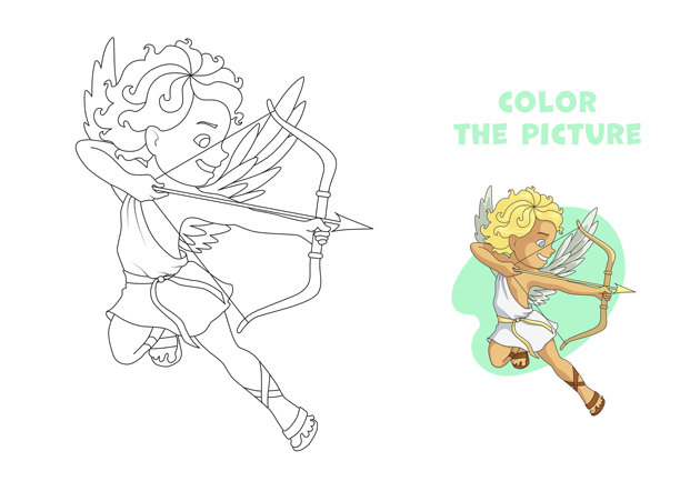 笑着的卡通丘比特角色的涂色页。金发顽皮的男孩拉动弓弦，选择目标。手绘图像供涂色使用，附有颜色样本，适合学前准备或休闲活动。图片下载