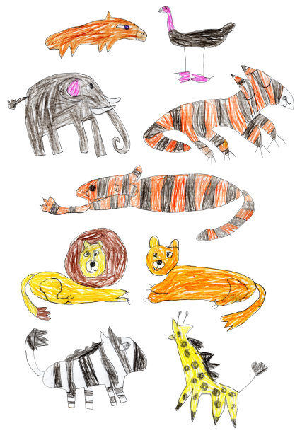 用彩色铅笔手绘的可爱非洲动物素描，背景为白色。图片下载