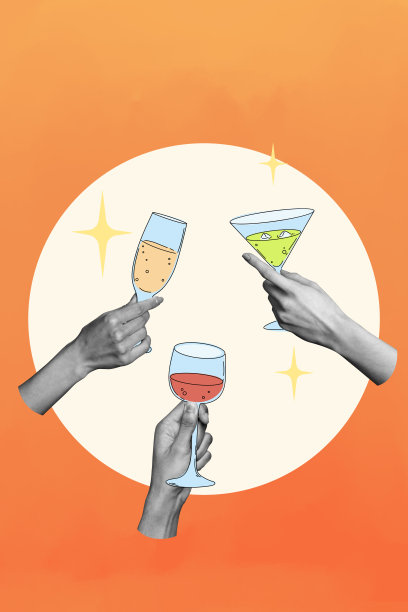 垂直照片拼贴，手握马提尼酒、利口酒鸡尾酒，酒精饮料聚会，背景为涂鸦风格。图片下载
