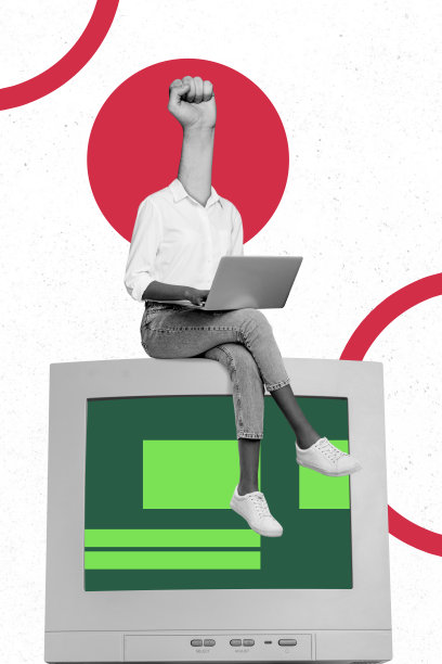 无头卡通女性在笔记本电脑上工作的3D草图艺术作品，展示了过时的远程工作电脑显示器的照片拼贴。图片下载