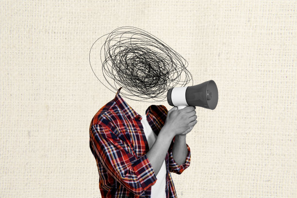 无头隐身人物的复合艺术3D素描照片拼贴，表现出年轻人因压力而扭曲的身体，手中握着扬声器，像个领导者。图片下载