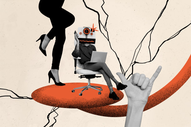 商务女性的拼贴照片，头部是相机，正在打电话，女孩的腿在舞动，做出“沙卡”手势，背景为涂鸦风格。图片下载