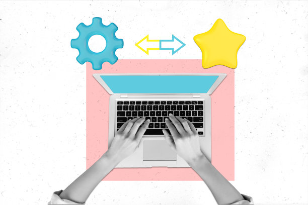 高质量的手部合成照片拼贴，展示使用MacBook设备的IT大师，提供最佳支持服务，背景为涂鸦风格。图片下载