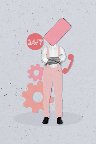 呼叫中心工作人员的垂直照片拼贴，身穿耳机，手持电话，背景为涂鸦风格，提供24小时热线服务。图片下载