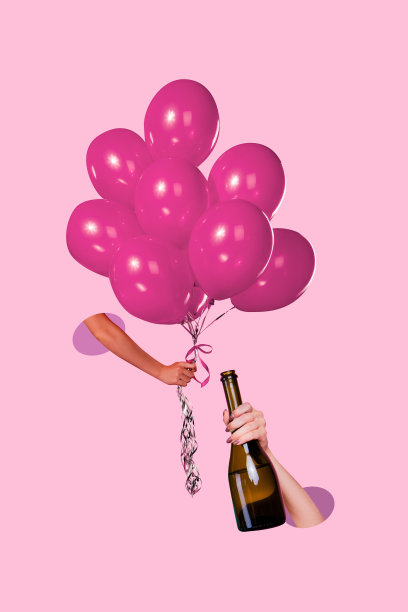 垂直照片拼贴，手握香槟酒瓶，粉色氦气气球庆祝，背景为涂鸦风格。图片下载