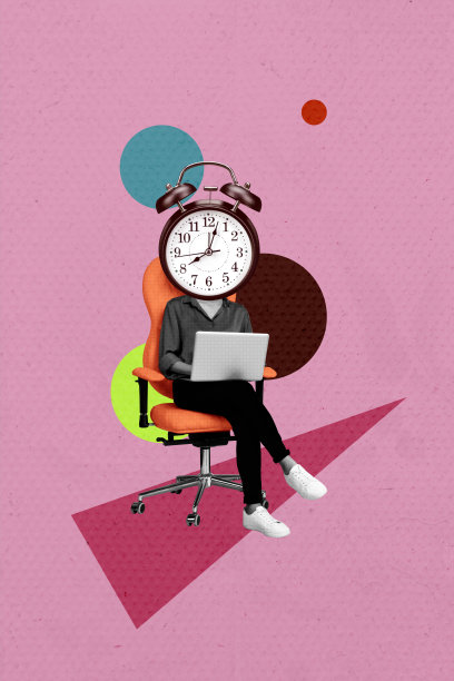 垂直照片拼贴，匿名女商人用笔记本电脑代替头部，闹钟象征截止日期，坐在椅子上，背景为涂鸦风格。图片下载