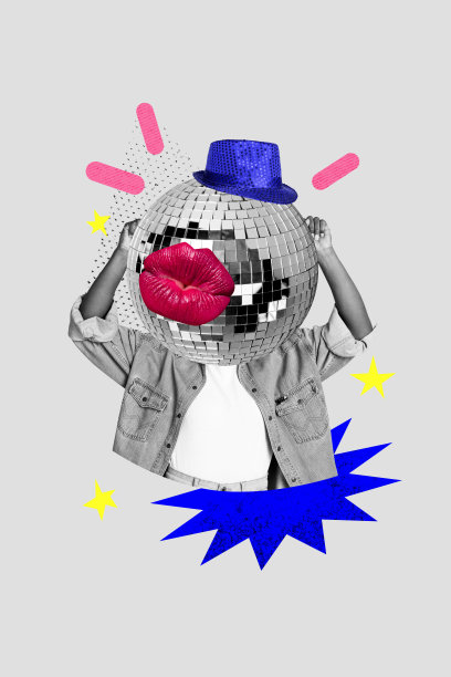 快乐女孩在周末舞会场合中跳舞的竖版照片拼贴，嘴唇亲吻的迪斯科球活动派对，背景为涂鸦风格。图片下载