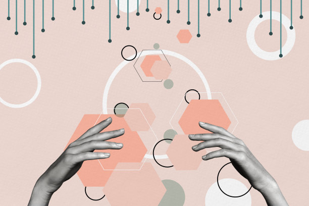 化学图标图解的两只手的合成照片拼贴，商业发展与微生物学成功，背景为涂鸦风格。图片下载