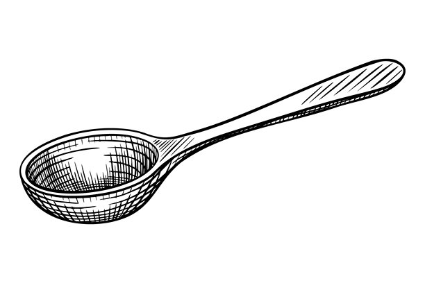 木勺矢量插图。用黑色墨水以蚀刻风格绘制的厨房用具线条图，适用于烹饪书设计或产品标签。单色雕刻的勺子图案，适合食谱使用。图片下载