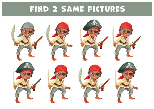 两张相同的深肤色赤脚少年海盗的图片。适合儿童的教育游戏，水彩风格的卡通角色穿着海盗服装，手持军刀。适合聚会或休闲的娱乐游戏。图片下载