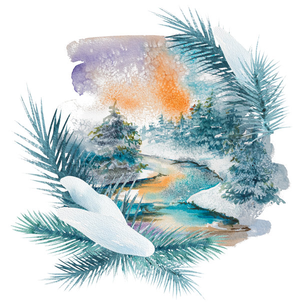 水彩插图描绘了美丽的冬季风景，雪中的冷杉树。手绘水彩圣诞风景。图片下载