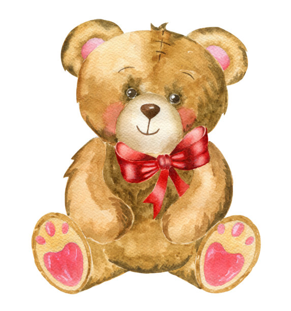 水彩手绘插图毛绒泰迪熊。水彩玩具动物。孤立在白色背景上的儿童泰迪熊。图片下载