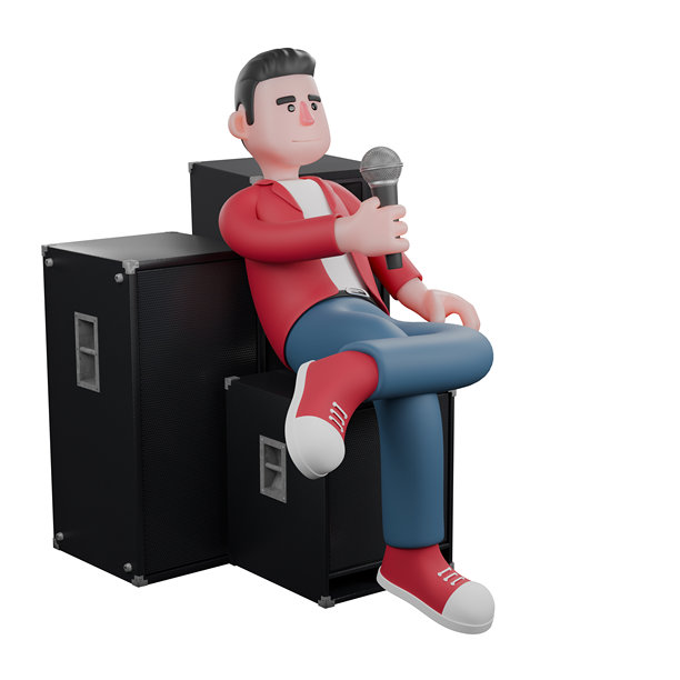 插画中的男性歌手。一个男性歌手坐在三排音响之间，手持麦克风。歌唱个性图片下载