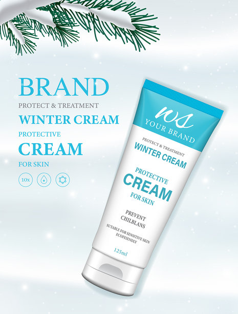 冬季化妆品广告横幅模板。俯视冬季面霜和精华液的管子和瓶子，置于雪地上。用于商品和化妆品推广的矢量3D广告插图。图片下载