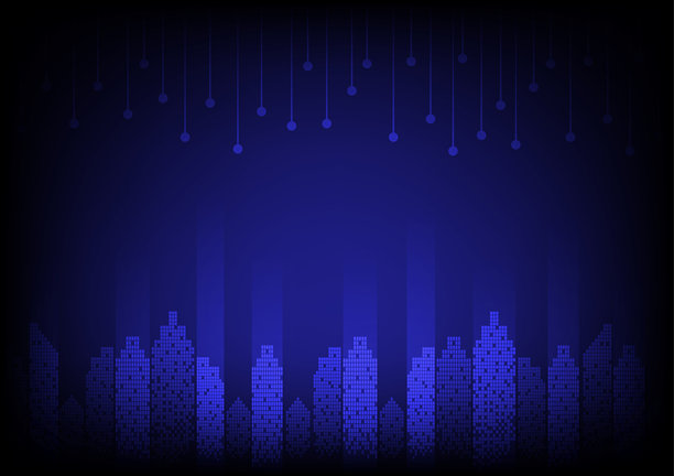 数字技术背景。城市办公城市景观概念。适用于城市、城镇、公司、通信、商业、连接、电信、数字、互联网、在线、网络、数据，深蓝色。图片下载