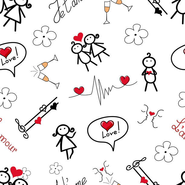 情人节无缝图案，手绘涂鸦漫画，孤立在白色背景上。恋爱中的情侣，爱情心电图，心形...图片下载