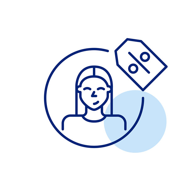 带有折扣价格标签的女性头像。注册用户或忠实用户可享受特别优惠。账户储蓄。像素完美，可编辑的线条图标。图片下载